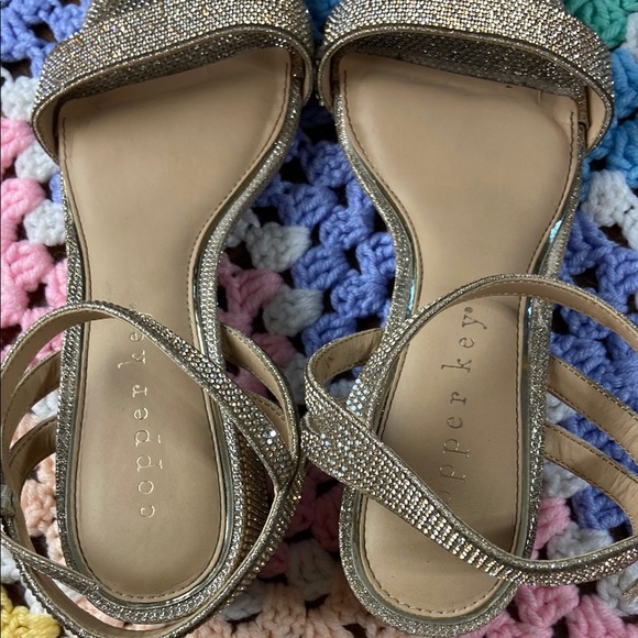 Copper Key Waltz Gold Rhinestone Glitter Shimmer Bedazzled Strappy Sandals Heels - Picture 3 of 15